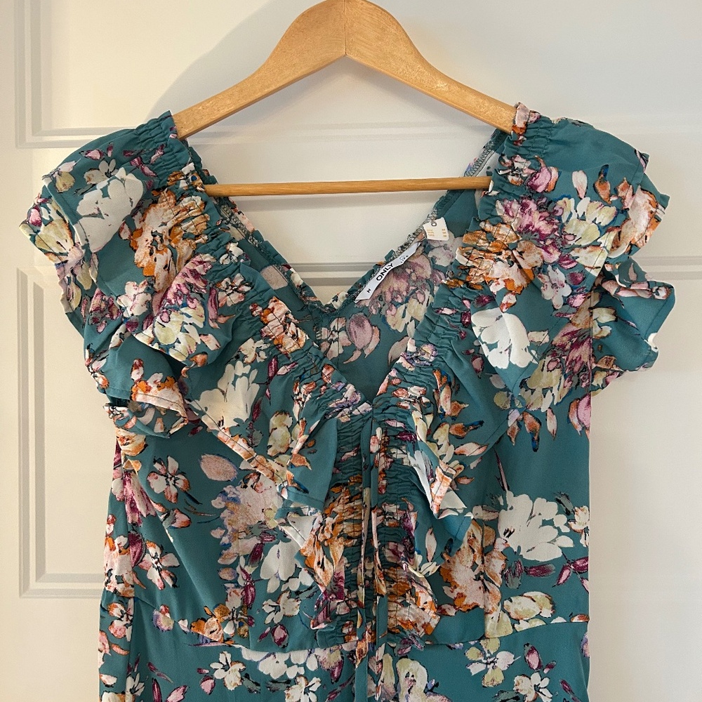 ONLY Scandinavian Teal Floral Chiffon Dress – Size M - Worn Once